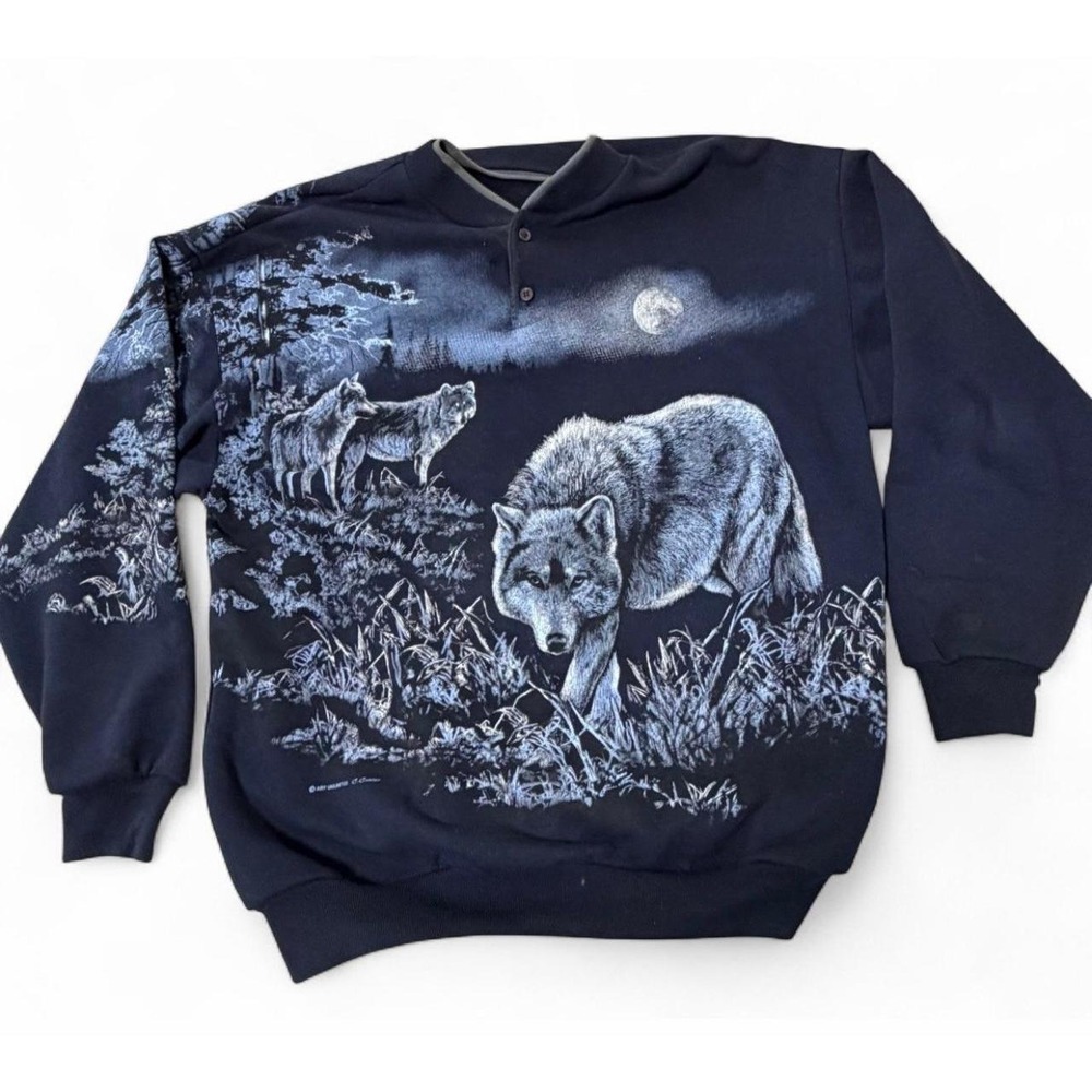 Vintage Wolf Nature AOP Sweatshirt Large Art Unlimited Moon Forest Henley USA